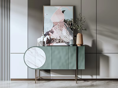 Elegant Modern Console Cabinet And Sideboard With Marble Accent Green Artwork Deer Ornament And Plant 3d model