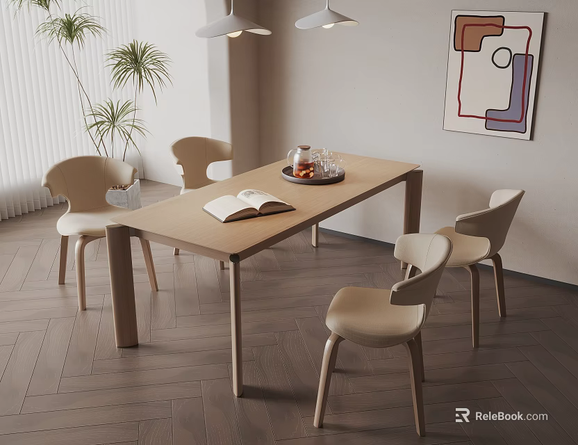 Wooden Dining Table Set With Four Beige Chairs And Open Book In Minimalist Interior 3d model 
