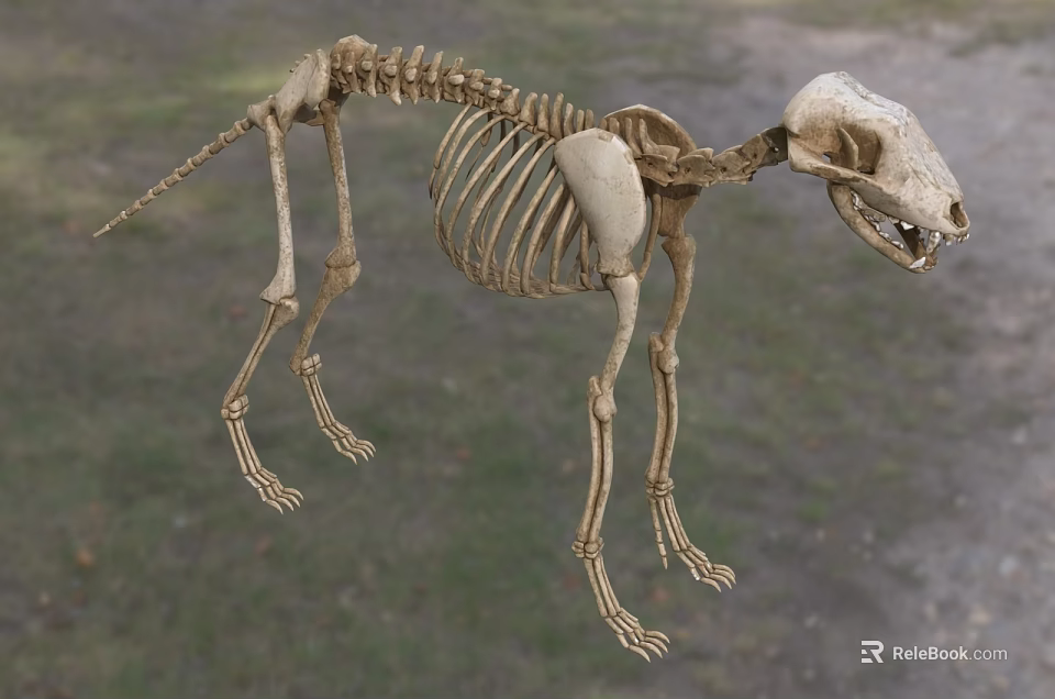 Dog Like Mammal Skeleton With Complete Bone Structure On Grassland Background 3d model 