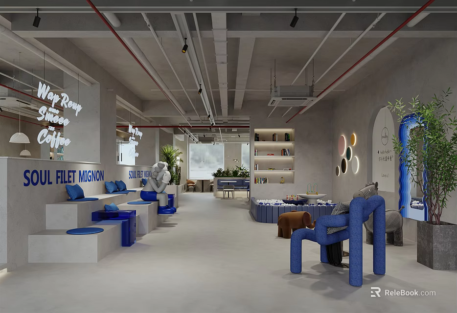 Warm Modern Cafe Interior With White Step Seats Blue Chairs Bookshelves Archways And Green Plants 3d model 