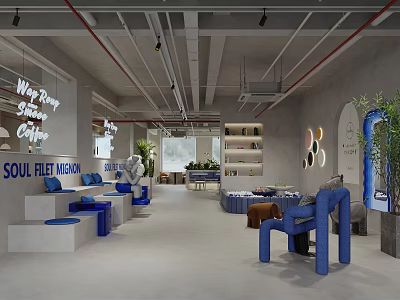 Warm Modern Cafe Interior With White Step Seats Blue Chairs Bookshelves Archways And Green Plants 3d model