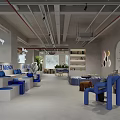 Warm Modern Cafe Interior With White Step Seats Blue Chairs Bookshelves Archways And Green Plants