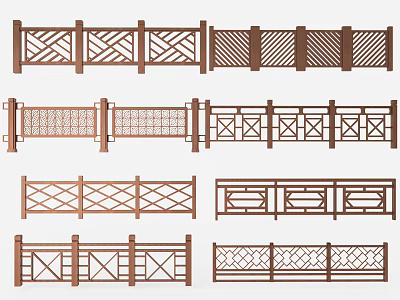 Assorted Decorative Wooden Railings Featuring Various Geometric Patterns And Styles 3d model