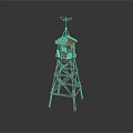 Red Metal Watchtower With Top Cabin And Weather Vane On Dark Background