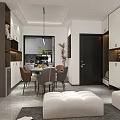 Modern Living Dining Room with Beige Sofa Coffee Table Crystal Chandelier and Marble TV Wall