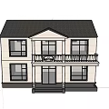 Two Story Detached Villa With White Exterior Black Roof Front Balcony White Railing Green Lawn