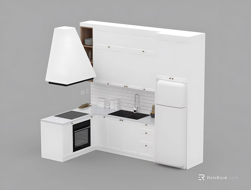 Modern White Kitchen Cabinets With Range Hood Sink Oven And Refrigerator 3d model
