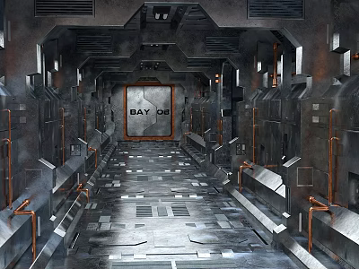 Cartoon Scene Of Futuristic Corridor With Metal Walls Pipes And Day Of Door 3d model