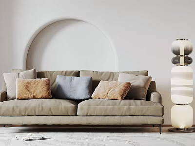 Beige Two Seater Sofa With Cushions Beside Floor Lamp On Light Wall Arch Design 3d model