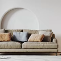 Beige Two Seater Sofa With Cushions Beside Floor Lamp On Light Wall Arch Design