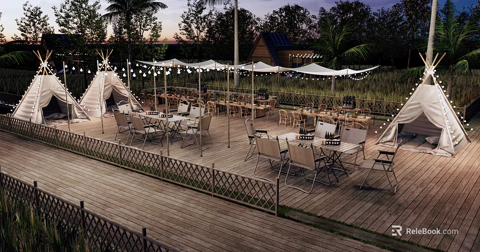 Scenic Campsite With Teepee Tents Outdoor Tables Chairs And String Lights On Wooden Deck 3d model 
