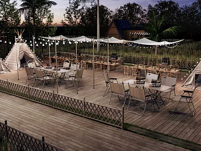 Scenic Campsite With Teepee Tents Outdoor Tables Chairs And String Lights On Wooden Deck 3d model