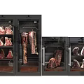 Black Commercial Meat Refrigerators Storing Fresh Steak And Various Meat Cuts