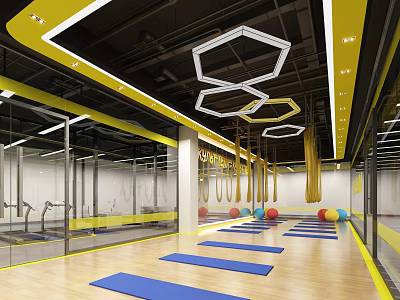 Modern Fitness Gym Interior With Yoga Mats Exercise Balls Hanging Lights And Mirror Walls 3d model