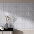 Light Gray Square Carpet with Checkerboard Pattern Near Black Table Gray Vase Dried Grass