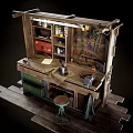 Rustic Functional Desk With Wooden Worktop Green Drawers Tool Storage And Metal Stool