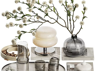 Stylish Decorative Ornament Set With White Floral Branches Clear Glass Vase And Trays 3d model