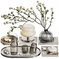 Stylish Decorative Ornament Set With White Floral Branches Clear Glass Vase And Trays