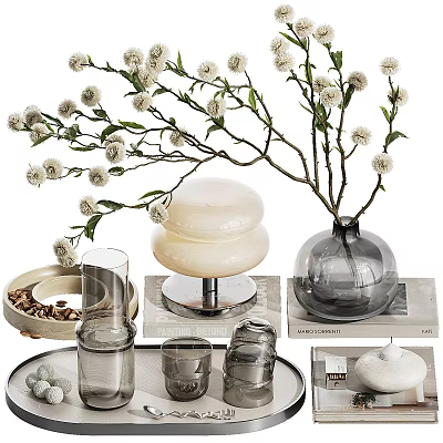 Stylish Decorative Ornament Set With White Floral Branches Clear Glass Vase And Trays 3d model