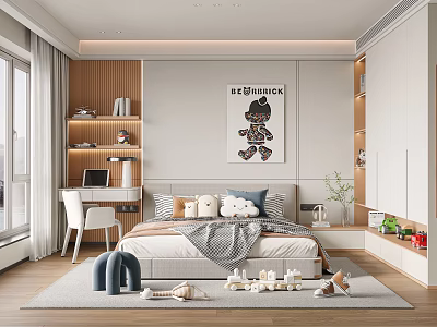 Kids Room Interior With Bed Stuffed Toys Desk Bookshelf Window Curtains Decorative Painting And Rug 3d model