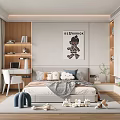 Kids Room Interior With Bed Stuffed Toys Desk Bookshelf Window Curtains Decorative Painting And Rug