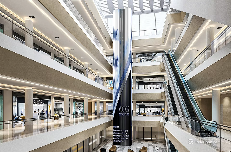 Spacious Modern Shopping Mall Atrium With Multi Level Escalators Skylights And Decorative Column 3d model