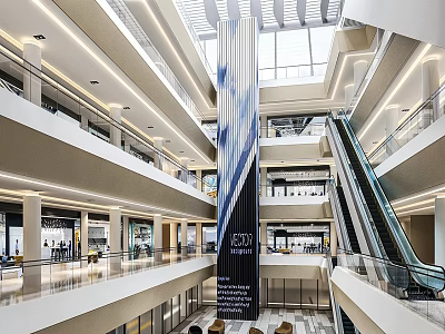 Spacious Modern Shopping Mall Atrium With Multi Level Escalators Skylights And Decorative Column 3d model