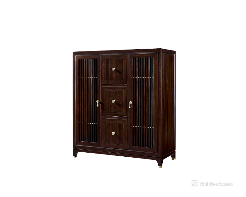 Traditional Chinese Dark Wood Cabinet With Drawers Lattice Doors And Metal Handles 3d model 