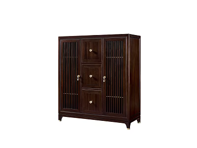 Traditional Chinese Dark Wood Cabinet With Drawers Lattice Doors And Metal Handles 3d model