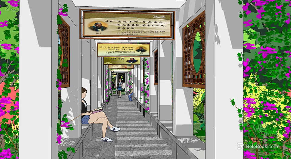 Traditional Colonnade With Vines Flowers People Sitting Decorative Paintings And Stone Paved Walkway 3d model 
