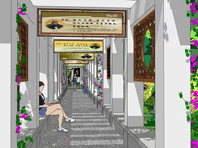 Traditional Colonnade With Vines Flowers People Sitting Decorative Paintings And Stone Paved Walkway 3d model