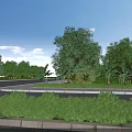 Lush Green Garden Landscape With Trees Bushes Under Blue Sky White Clouds Roadside Green Belt