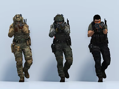 Game and Movie Characters Wearing Tactical Gear Holding Guns with Different Outfits Walking Stance 3d model