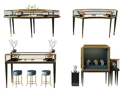 Modern Glass Display Cabinets With Shelves Drawers And Stools For Decorative Items 3d model