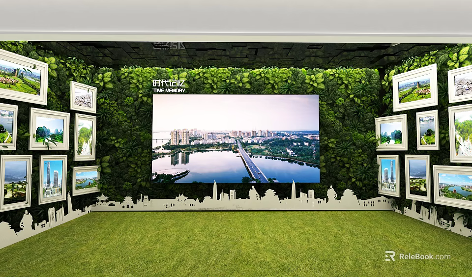 Exhibition Space With Green Plant Wall Large Screen Cityscape Lawn Floor And Picture Frames 3d model 