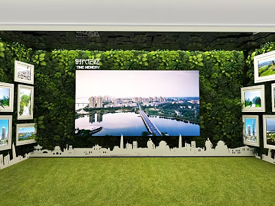 Exhibition Space With Green Plant Wall Large Screen Cityscape Lawn Floor And Picture Frames 3d model