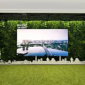 Exhibition Space With Green Plant Wall Large Screen Cityscape Lawn Floor And Picture Frames