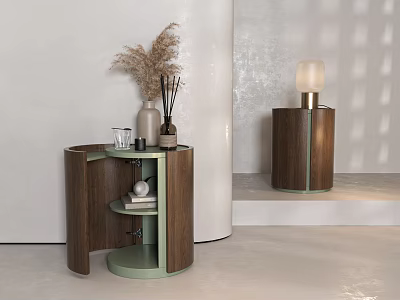 Modern Minimalist Wooden Bedside Tables With Curved Design Table Lamp And Decorative Shelves 3d model