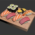 Sushi Platter With Various Types Of Fresh Fish And Rice On Wooden Tray