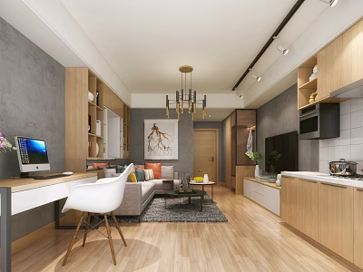 Modern Apartment Interior Featuring Wooden Elements Gray Walls White Furniture Living Room Kitchen And Workspace 3d model