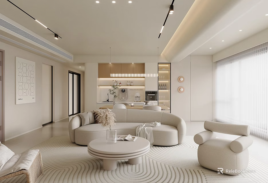 Modern Luxury Open Living and Dining Room with Beige Sofa Round Coffee Table Kitchen Island 3d model 