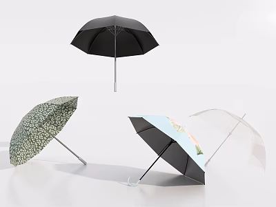 Various Stylish Umbrellas With Black Transparent And Printed Pattern Designs 3d model