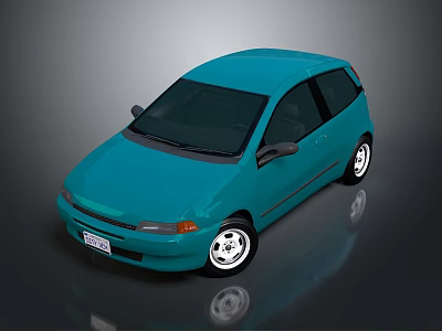 Turquoise Small Hatchback Car With Black Windows White Wheels And Dark Background Reflection 3d model