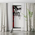 Light Colored Curtains with Green Plant and Small Table in Modern Interior 3d model