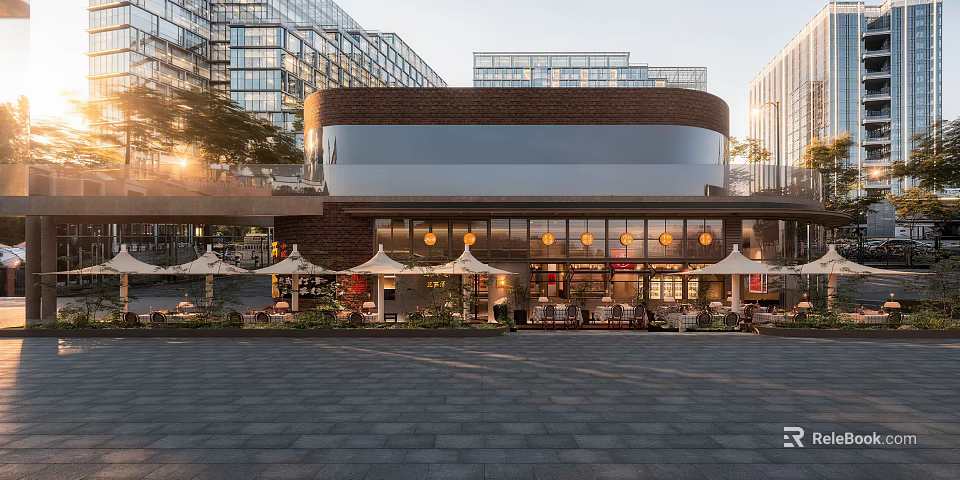 Contemporary Japanese Restaurant Exterior With Outdoor Seating Patio Lights And Wooden Accents 3d model 