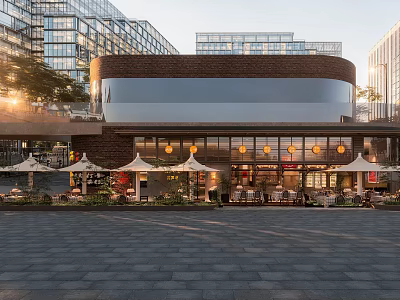 Contemporary Japanese Restaurant Exterior With Outdoor Seating Patio Lights And Wooden Accents 3d model