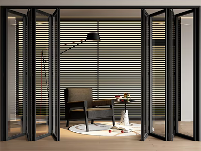 Black Folding Doors In Modern Interior With Armchair And Lamp 3d model