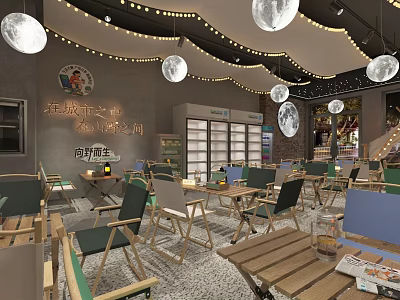 Modern Restaurant Interior With Wooden Tables Green Seats Round Pendant Lights And Refrigerated Display Cabinets 3d model