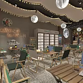 Modern Restaurant Interior With Wooden Tables Green Seats Round Pendant Lights And Refrigerated Display Cabinets