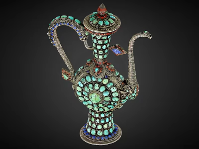 Ornate Traditional Teapot Adorned With Turquoise Gemstones And Intricate Metallic Frame Elegant Design 3d model